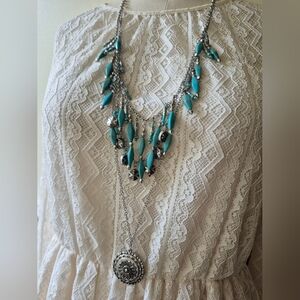 Silvertone and Turquoise Colored Bead Layered Necklace
